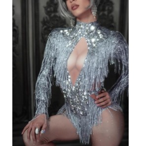 Nightclub singers Jazz dance silver sequined tassels bling jumpsuits for women ong-sleeved diamond one-piece gogo dancers catsuit birthday party celebration rompers 
