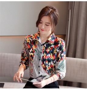 Office lady work shirt long sleeves printed blouses Spring and Autumn Women's Shirt Long Sleeve Retro Printed Shirt