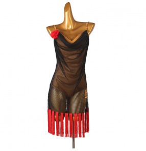 Orange black flowy fringe latin dance dresses for women girls backless tulle salsa rumba modern dance costumes for female