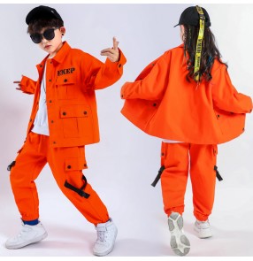 Orange colored Children Hiphop Street jazz Dance costumes for Boys Girls Workwear rapper gogo dancers Hip-hop drummer stage performance outfits for kids 