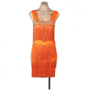 Orange Fringe competition latin dance dresses for women girls stage performance layer tassel professional rumba salsa chacha dance dresses