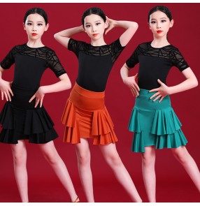 Orange green black lace latin dance dresses for girls kids children ballroom salsa rumba cha cha performance outfits for girls