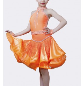 Orange green black red fringe competition latin dance dress for girls children salsa rumba cha cha latin ballroom dance costumes modern dance outfits for girls 