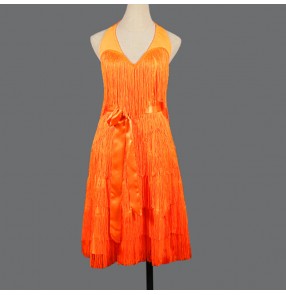 Orange tassels competition latin dance dress for women girls salsa rumba chacha dance dresses costumes
