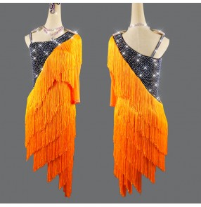 orange tassels competition latin dance dresses for women girls stage performance salsa rumba chacha latin dance dresses for female