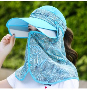 outdoor Floral sunscreen visor hat with face shield mouth mask dust proof anti UV riding neck guard sun cap for women