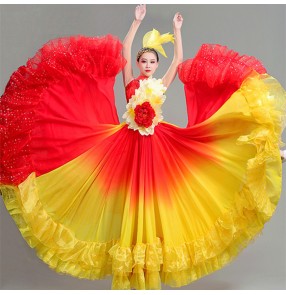 Petals red with gold gradient flamenco dance dress for women Paso double Spanish bull dance dress opening dance big swing skirt Group stage dance costume