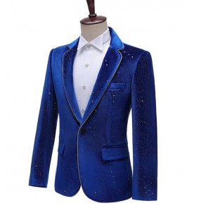 Photo studio men's host go go dancers stage performance dress suit black royal blue blazers velveteen bronzing border suit singer emcee costume