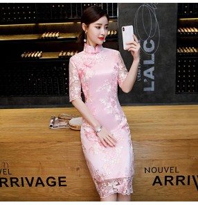 Pink champagne Lace chinese dress oriental retro chinese traditional qipao dress for women girls improved cheongsam dress girl mid-length model show host singers Chinese style dress