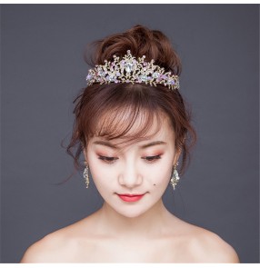 Pink crystal Crown bridal headdress pink crystal crown bridal princess crown wedding accessories crown hair accessories earrings