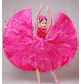 pink Flamenco dresses for kids girls flowers ballroom Spanish bull dance dresses choir chorus stage performance dresses