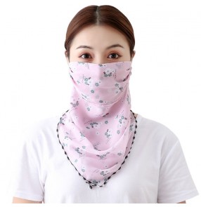 Pink flowers chiffon silk reusable face masks for women anti-uv sun protection neck guard scarf mask for female 