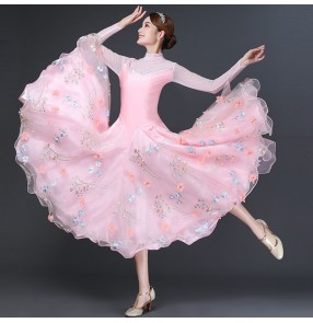 Pink flowers competition ballroom dancing dress for women girls waltz tango foxtrot smooth standard ballroom dance dress for women