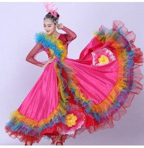 Pink flowers flamenco dance dresses for women spanish bull dance paso double dance skirts opening dance stage performance ballroom dance dresses for female