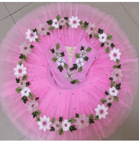 Pink flowers girls kids little swan lake ballet dance dress tutu skirt classical ballet dress stage performance ballet dance costumes