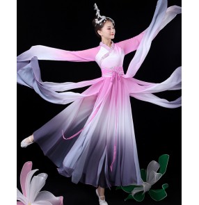 Pink Gradient Waterfall Sleeves Chinese hanfu ancient traditional folk Dance Costume Female Adult Jinghong fairy princess Dance Chinese folk Classical Dance Performance Costumes