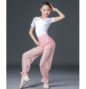 Pink lace with white Latin dance costumes for girls kids latin dance leotard tops and lace pants set modern dance outfits practice clothes competition stage performance dance pants set