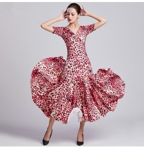 Pink leopard printed women's ballroom dance dresses female waltz tango flamenco dresses 
