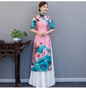 Pink lotus printed Chinese dresses oriental traditional qipao dresses stage performance evening party dresses cheonsam