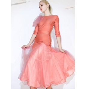 Pink mint National standard competition Ballroom dance dresses for women girls waltz tango round neck jumpsuit tops and tulle skirts