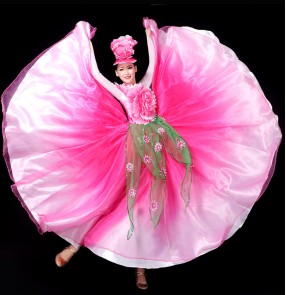 Pink petals flamenco dress for women girls spanish bull dance dresses flowers Opening dance big swing skirt performance costume chorus ballroom dance dresses