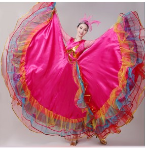 Pink red flamenco dance dress for women girls spanish bull dance swing skirt performance chorus dress opening ballroom dance dress for female 