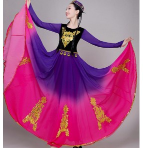 Pink with purple women's chinese Xinjiang Folk dance dresses modern dance Uyghur ethinic minority stage performance costumes