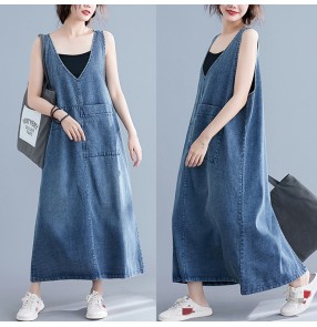 Plus size blue denim v neck strap dress for women casual loose style retro suspender long skirt for female