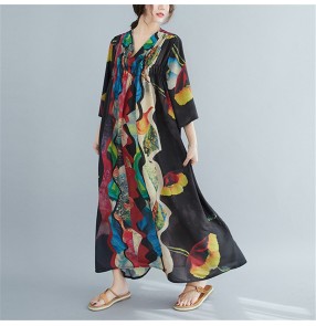 Plus size summer dress women abstract printed loose style long dress fashion swing large dress for female