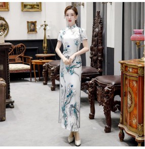 Plus size Women chinese dresses qipao oriental cheongsam catwalk long cheongsam blue and white porcelain female retro dresses