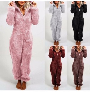 Plush thick plush jumpsuit hooded pajamas tracksuit rompers for women and men parent-child wear