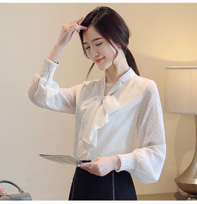 Polka dot chiffon shirt for women's long-sleeved fairy bow female Korean all-match blouse