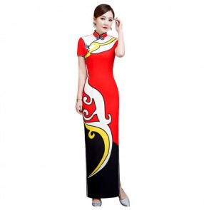 Printed chinese dresses cheongsam tradtiional chinese qipao dresses host singers performance evening party dresses