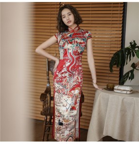 Printed chinese dresses china qipao dresses for women Cheongsam Improved retro Chinese style long red toast dress young dress