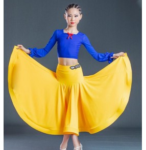 Profession Girls Royal blue with yellow ballroom dance dresses kids performance practice competition Ballroom waltz tango costumes