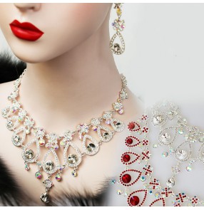 Professional Latin ballroom dance bling rhinestones necklace earrings for women red AB color diamond jewelry bridal accessories