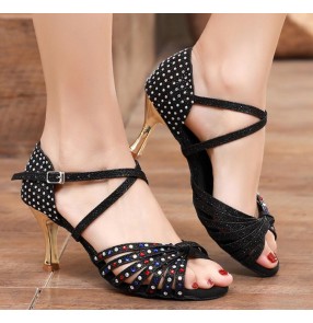 Professional Rainbow gemstones flesh black colored Latin ballroom dance shoes for women female adult high-heeled soft-soled bling waltz tango foxtrot dancing sandals