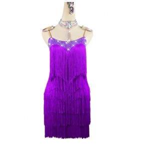 Purple tassels competition latin dance dress for women girls stage performance latin salsa rumba chacha dance dress for female 