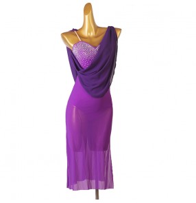 Purple violet competition latin dance dress for women girls slant neck one shoulder diamond bline latin salsa performance outfits for female