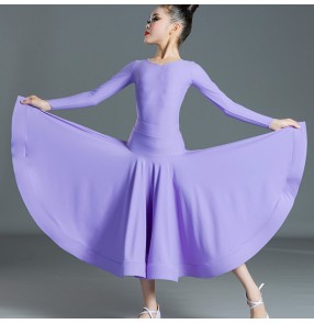 Purple yellow ballroom dance dress for girls kids long sleeves modern ballroom national standard dancing long Swing skirts for children