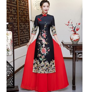 Qipao dress retro cheongsam Chinese dress black with red China traditional oriental model miss etiquette stage performance dresses