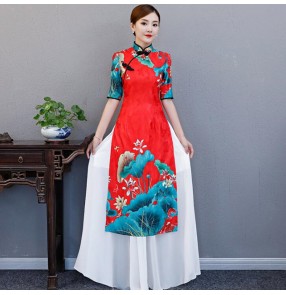 Qipao dresses Chinese dresses red printed dragon style oriental women's evening party host miss etiquette dresses