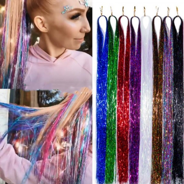 Rainbow Color Sparkle Long Hair Tinsel Multi Color Glitter Bling Hair Extension For Party Stage Performance 120cm
