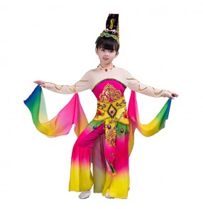 Rainbow colored ancient Chinese folk dance costumes waterfall sleeves for girls chang e moon fairy dancing classical traditional cosplay performance dresses