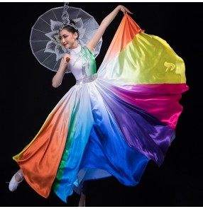 Rainbow colored fairy modern dance dresses for women girls traditional umbrella classical fan dance ballroom dresses