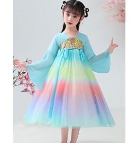 Rainbow colored Hanfu for girls fairy performance dresses under skirts children Tang suit dresses primary school students costume skirts kimono dress for kids