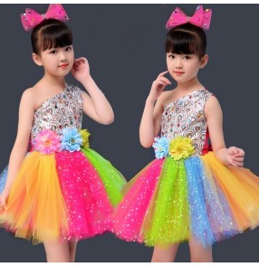 Rainbow colored jazz dance fairy dresses for Girls kids Costumes Tutu Skirt Performance Costume Girls Princess Dress Chorus Dance Dress New Year's celebration Performance Skirt