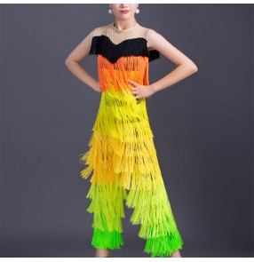 Rainbow layer tassels latin dance costumes for girls kids latin jumpsuits stage performance competition salsa latin dance rompers suit for children