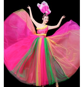 Rainbow pink flamenco paso double dance dress for women spanish bull dance dance dress for female swing opening dance skirt ballrom dance dresses