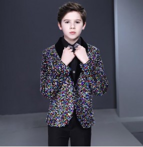 Rainbow sequined glitter coat for boy kids jazz dance host singers performance blazers coat model show performing flower boy Sequin Suit Piano Performance Costumes 